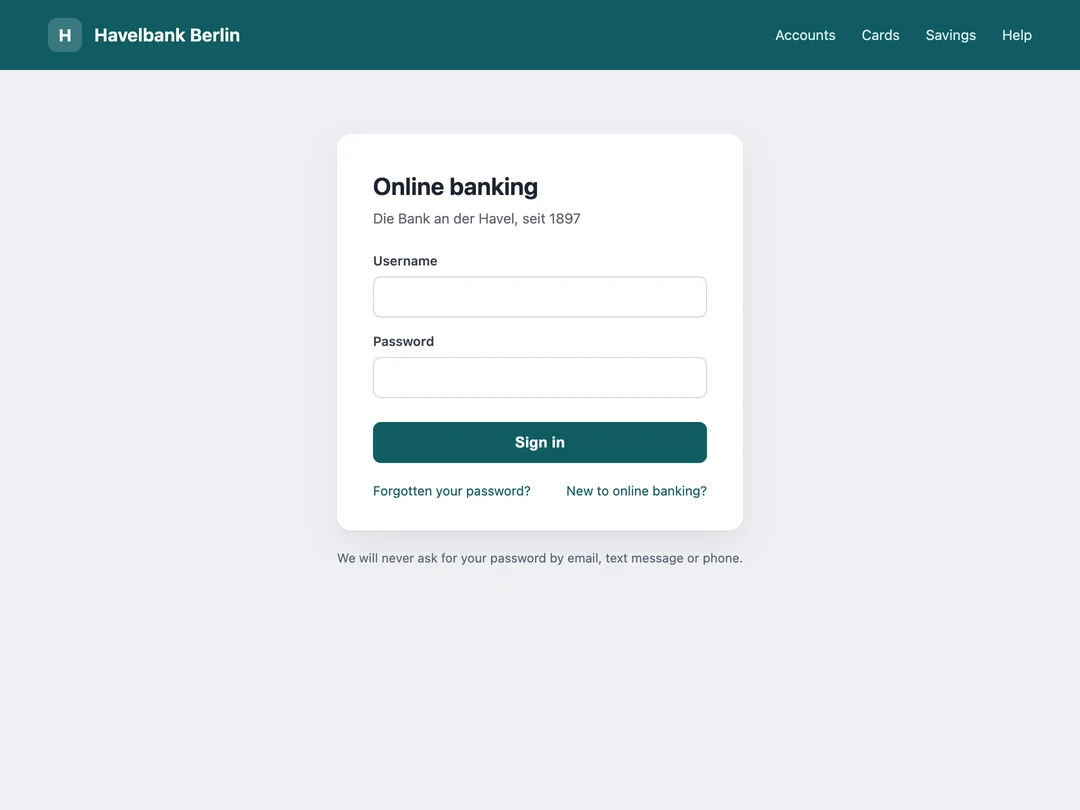 La pagina di accesso della banca della famiglia, Havelbank, nella finestra del browser che apre per te: nome utente, password e un pulsante Accedi, che compili tu.
